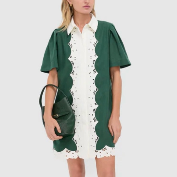 Tuckernuck Dresses & Skirts - Tuckernuck Dark Green Eyelet Trim Cotton Linen Delilah Dress Size Medium